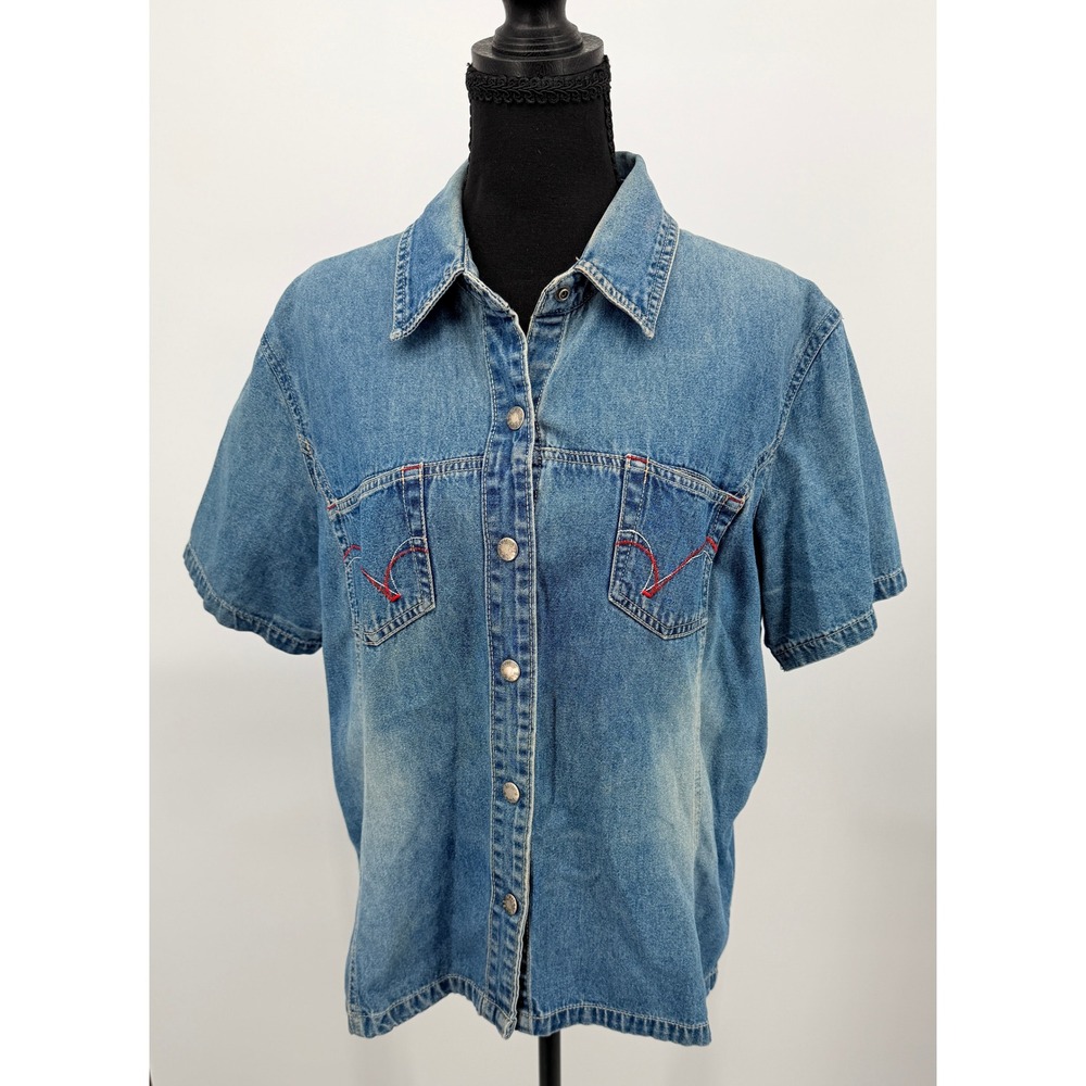 Adriana Sport Denim Shirt Women XL Blue Excellent Vintage Red Embroidery Pockets